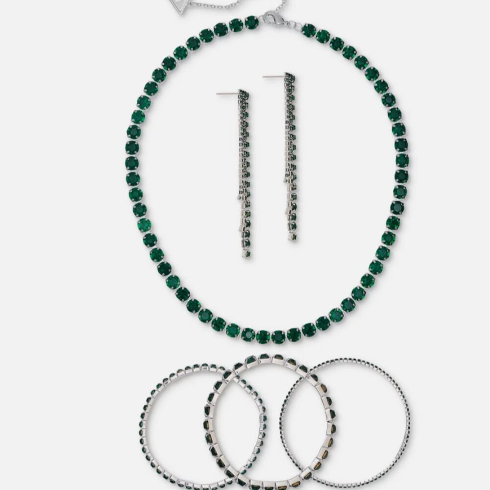 Elegant Green Gemstone Jewelry Set Necklace, Earrings & Bracelets – Silver Tone